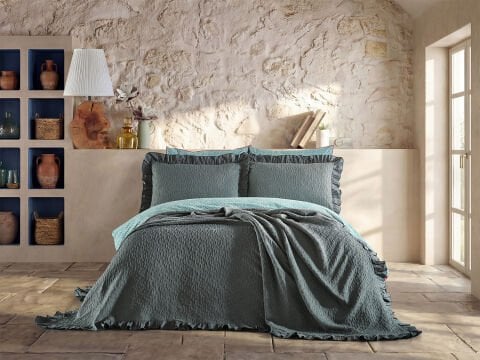 Leris Bouquet Fırfırlı Yatak Örtüsü Çift Kişilik - Yesil